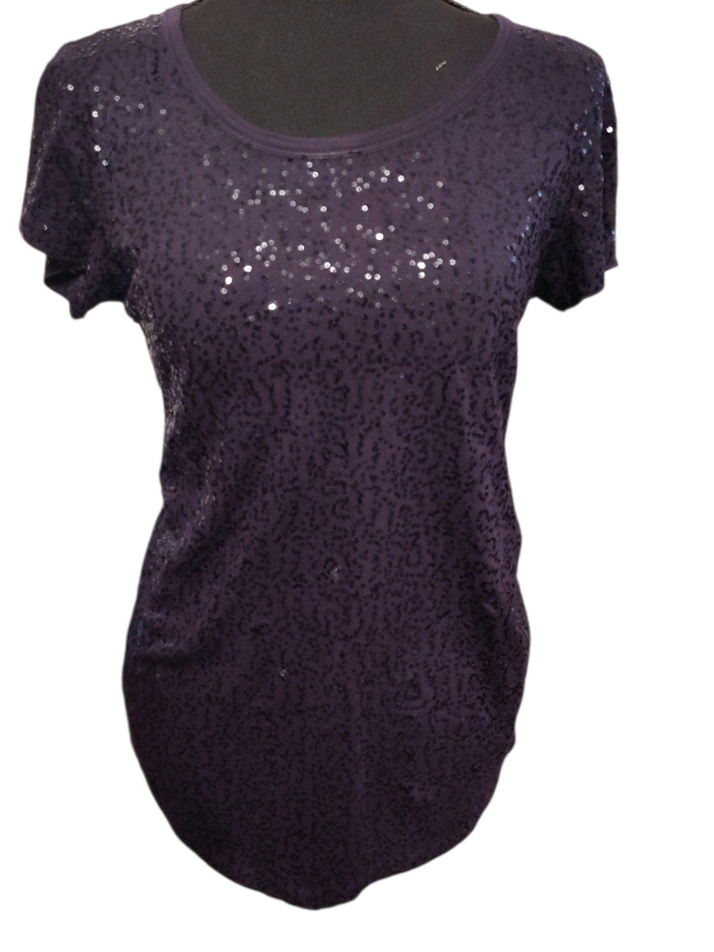 DKNY Purple Sequin Short Sleeve Scoop Neck Top